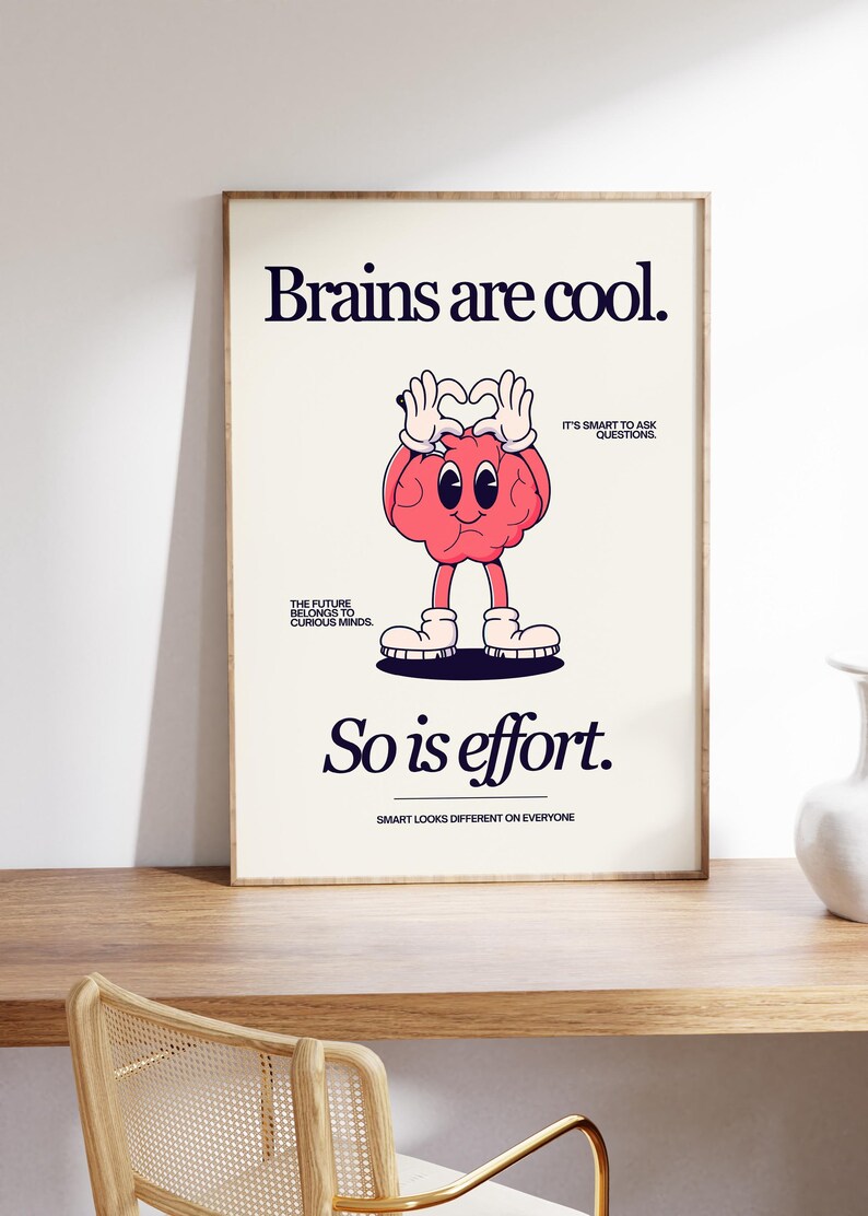 Cute Character Classroom Art -Printable Class Art - Brains Are Cool, So Is Effort Poster - Classroom Positivity Poster - Retro Character Art image 4
