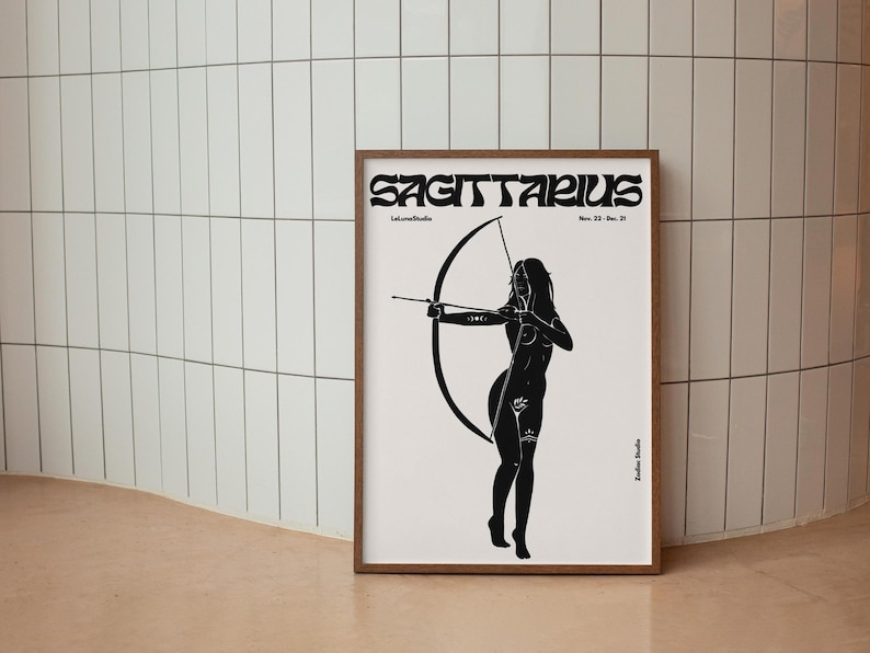 May include: Black and white illustration of a Sagittarius zodiac sign. The illustration depicts a woman holding a bow and arrow. The text "SAGITTARIUS" is written in a bold, stylized font at the top of the image. The dates "Nov. 22 - Dec. 21" are written below the text.