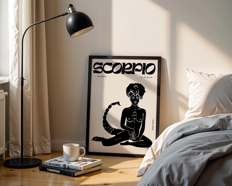 May include: Black and white poster with the word "Scorpio" in a stylized font. The poster features a black silhouette of a woman with a scorpion tail, sitting with her legs crossed. The woman has gold accents on her body and the scorpion tail.