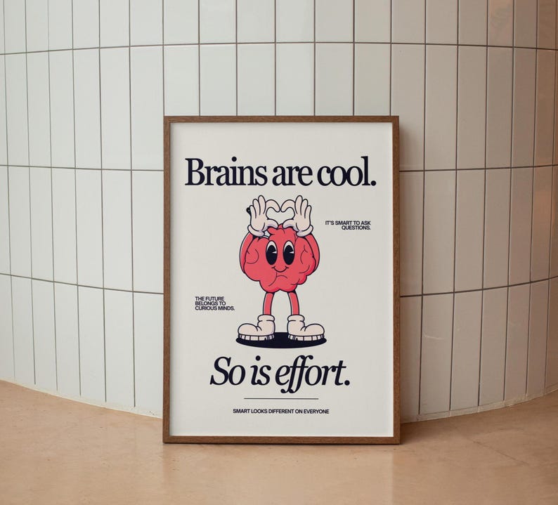 Cute Character Classroom Art -Printable Class Art - Brains Are Cool, So Is Effort Poster - Classroom Positivity Poster - Retro Character Art image 7