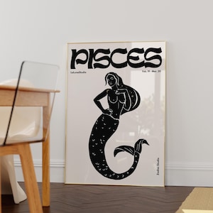 Black Retro Pisces Wall Art Poster/Printable Art/Cool Zodiac Art/Trendy Astrology Art/Pisces Poster/ Digital Download/Printable Zodiac Art