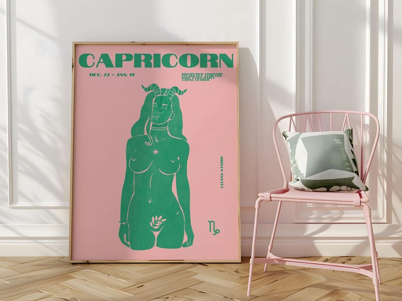 Pink & Green Maximalist Capricorn Art Poster/Maximalist Zodiac/Trendy Astrology Art/Capricorn Wall Art/ Instant Download/ Cool Apartment Art image 8