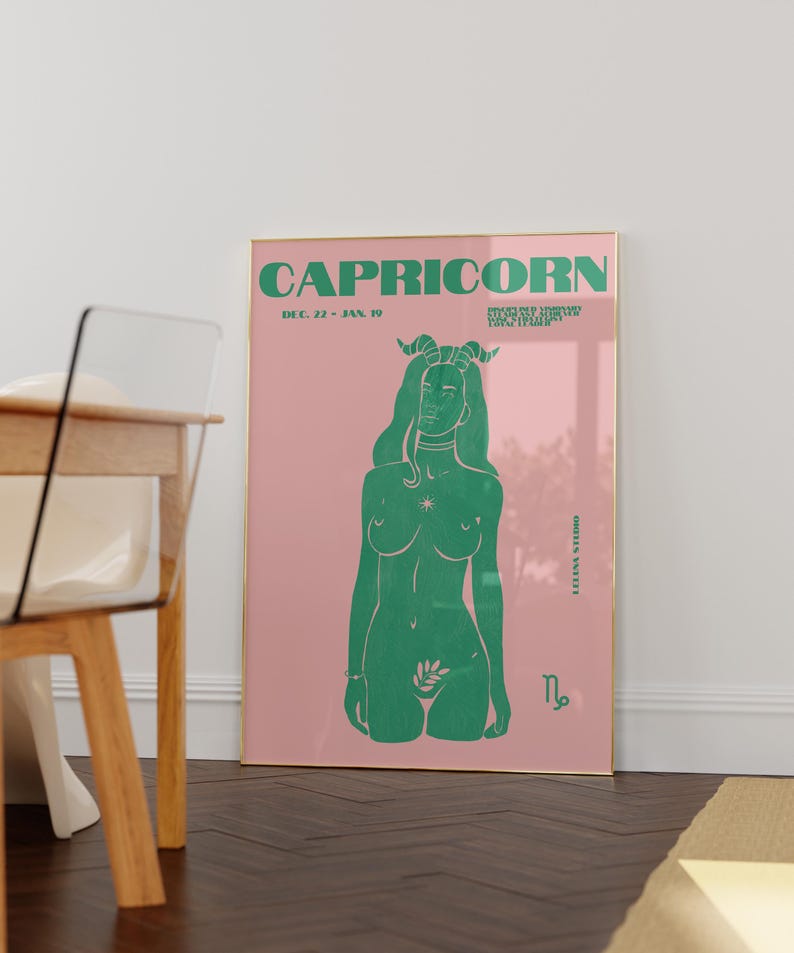 Pink & Green Maximalist Capricorn Art Poster/Maximalist Zodiac/Trendy Astrology Art/Capricorn Wall Art/ Instant Download/ Cool Apartment Art image 2
