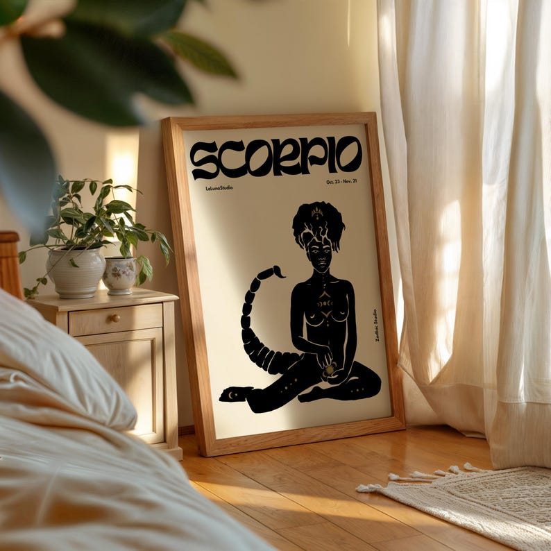 May include: A black and white illustration of a Scorpio zodiac sign. The illustration features a woman with a scorpion tail sitting in a meditative pose. The text "Scorpio" is written in a bold, stylized font at the top of the image. The text "Oct. 23 - Nov. 21" is written below the zodiac sign.