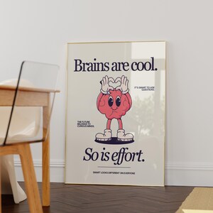 Cute Character Classroom Art -Printable Class Art - Brains Are Cool, So Is Effort Poster - Classroom Positivity Poster - Retro Character Art image 3