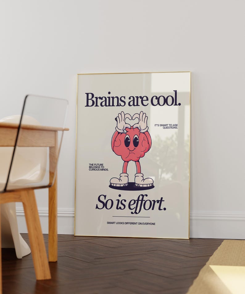 Cute Character Classroom Art -Printable Class Art - Brains Are Cool, So Is Effort Poster - Classroom Positivity Poster - Retro Character Art image 3