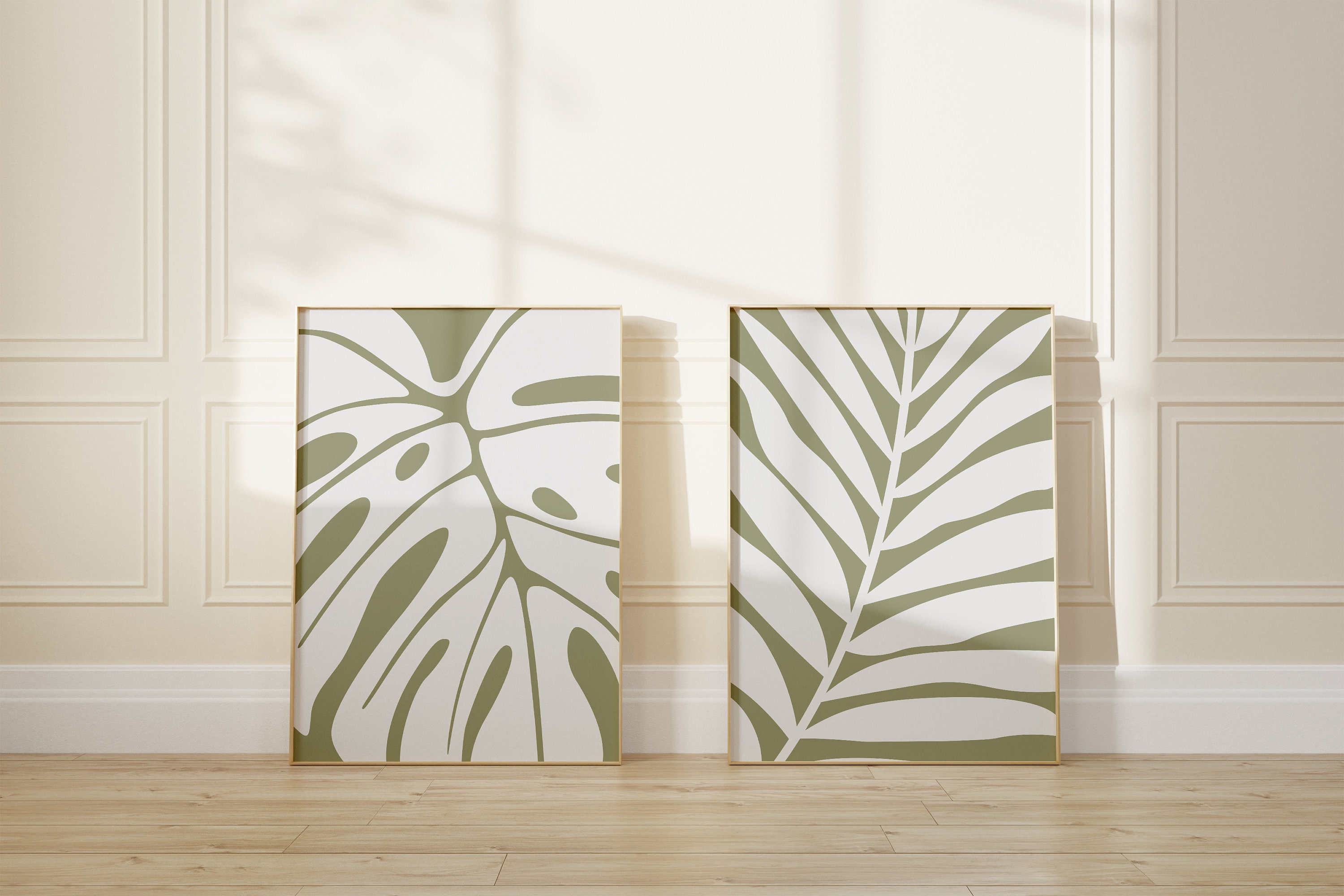 Abstract Wall Art Print Set of 2, Botanical Leaf Wall Art, Sage Green ...