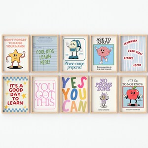 May include: A collection of ten framed art prints with retro-style illustrations and motivational phrases. The prints feature various characters and objects, including a star, a backpack, a brain, and an apple. The color palette includes pastel shades and bold primary colors.