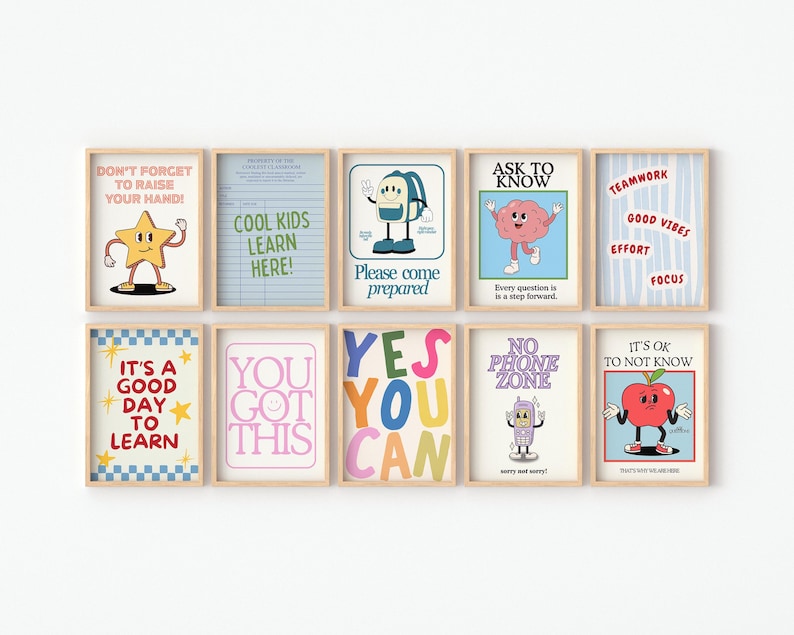 May include: A collection of ten framed art prints with retro-style illustrations and motivational phrases. The prints feature various characters and objects, including a star, a backpack, a brain, and an apple. The color palette includes pastel shades and bold primary colors.