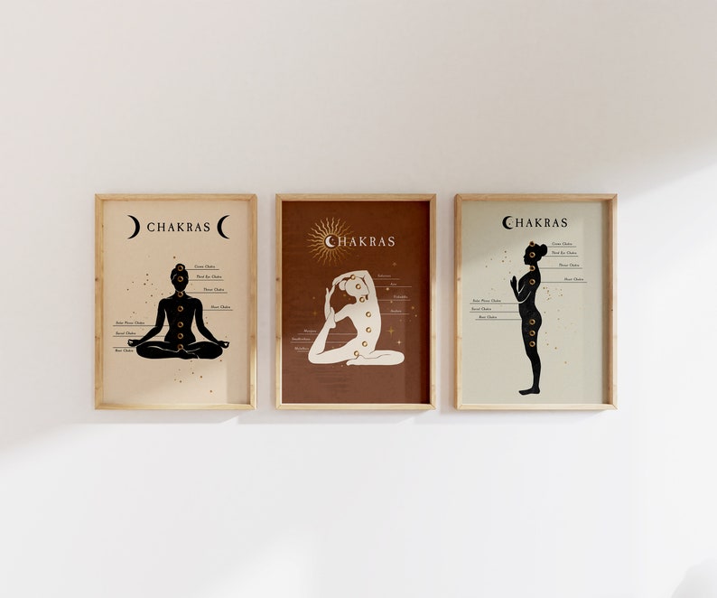 Chakra Wall Art Set of 3 | Yoga Pose Print | Chakra Infographic Poster ...