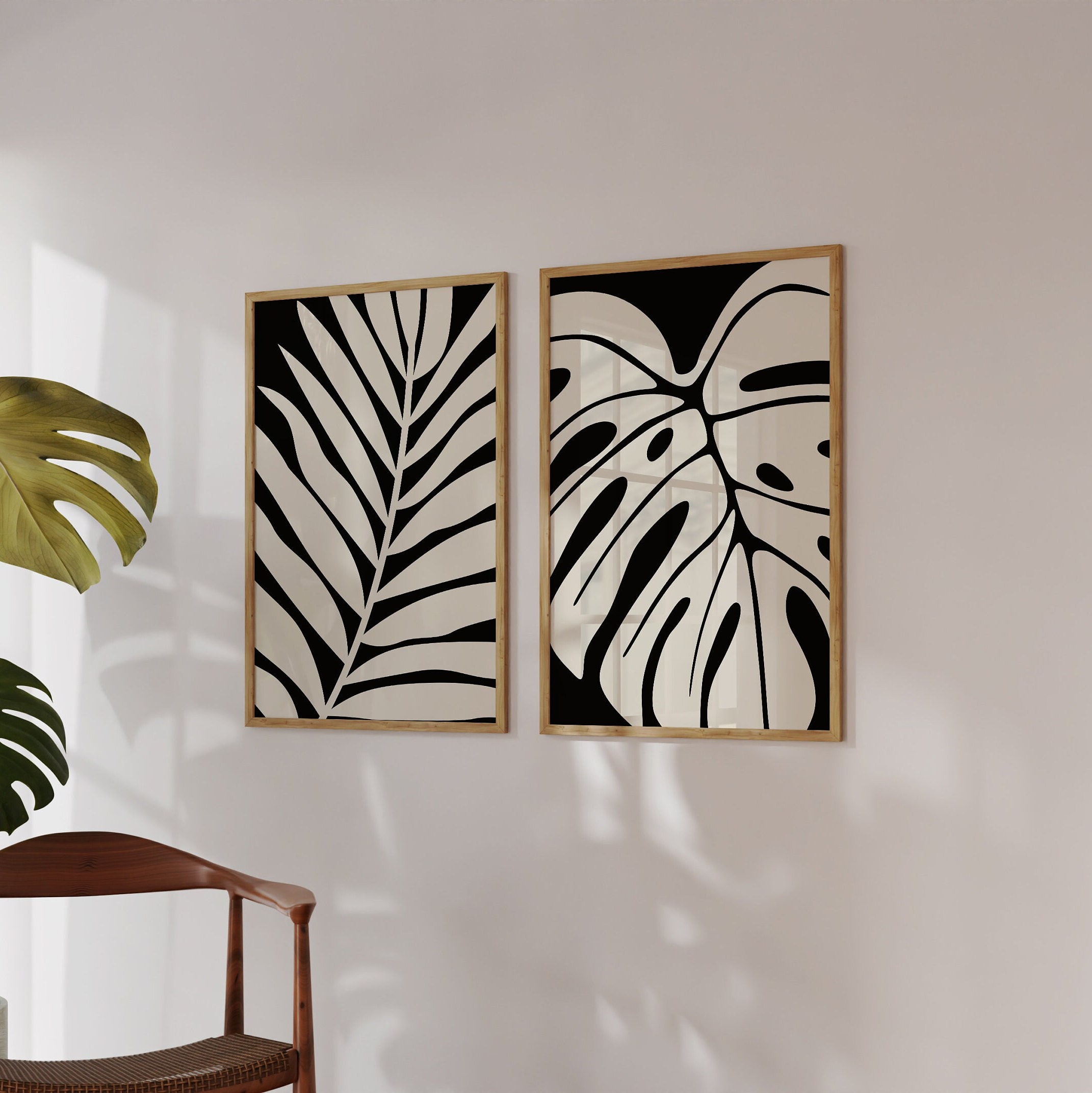 Abstract Wall Art Print Set of 2, Botanical Leaf Wall Art, Black and ...