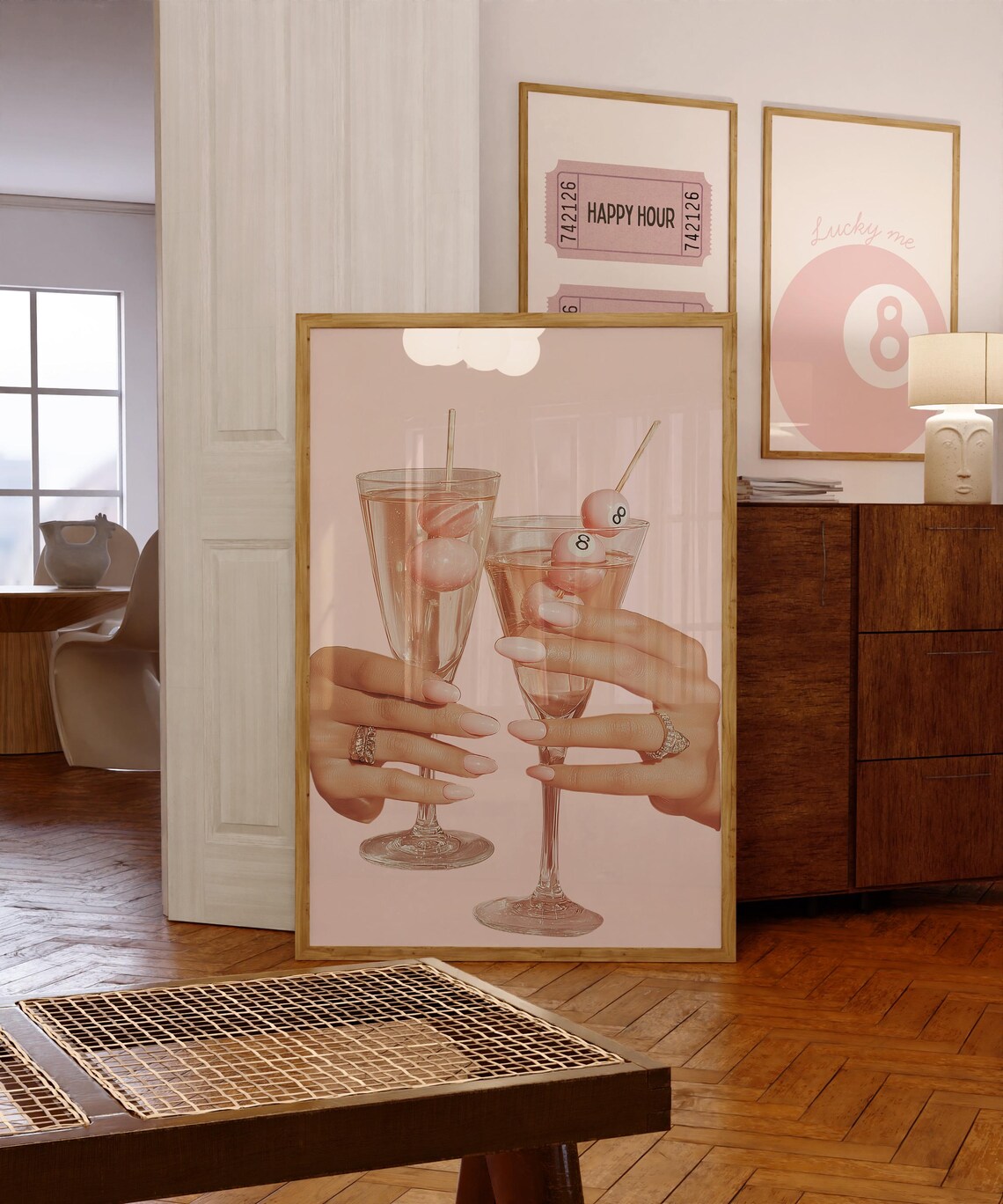 Retro Graphics Pink Pink Retro Champagne Art Set of 3 | Trendy 8-ball Art | Retro Drinks ...