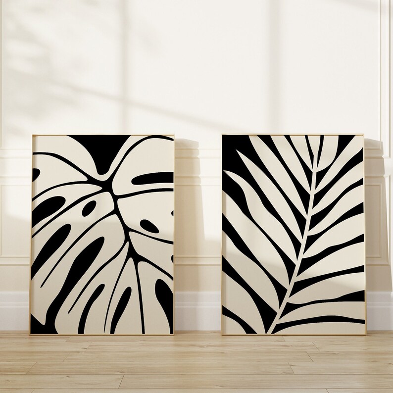 Abstract Wall Art Print Set of 2, Botanical Leaf Wall Art, Black and ...