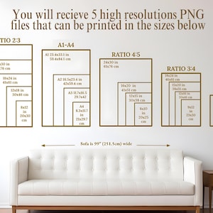 May include: A graphic showing different sizes of high-resolution PNG files that can be printed in various aspect ratios, including 2:3, 4:5, and 3:4. The graphic includes measurements in inches and centimeters. The text "Sofa is 99" (251.5cm) wide" is at the bottom of the graphic.