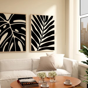 Abstract Wall Art Print Set of 2, Botanical Leaf Wall Art, Black ...