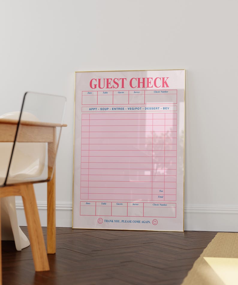 Puede incluir: Un cheque de invitado rosa con marco dorado. El texto "GUEST CHECK" est&aacute; en la parte superior en rosa. El cheque incluye secciones para fecha, mesa, invitados, camarero y n&uacute;mero de cheque. La parte inferior dice "THANK YOU. PLEASE COME AGAIN."