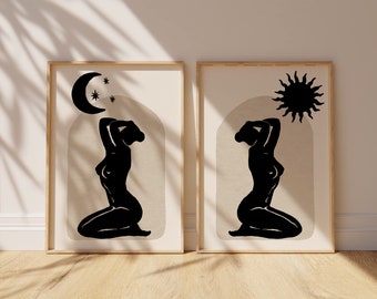 Juego de 2 impresiones artísticas de la diosa celestial del sol y la luna - Impresiones artísticas neutras - Arte mural neutro moderno - Arte mural esotérico - Figuras de mujeres celestiales