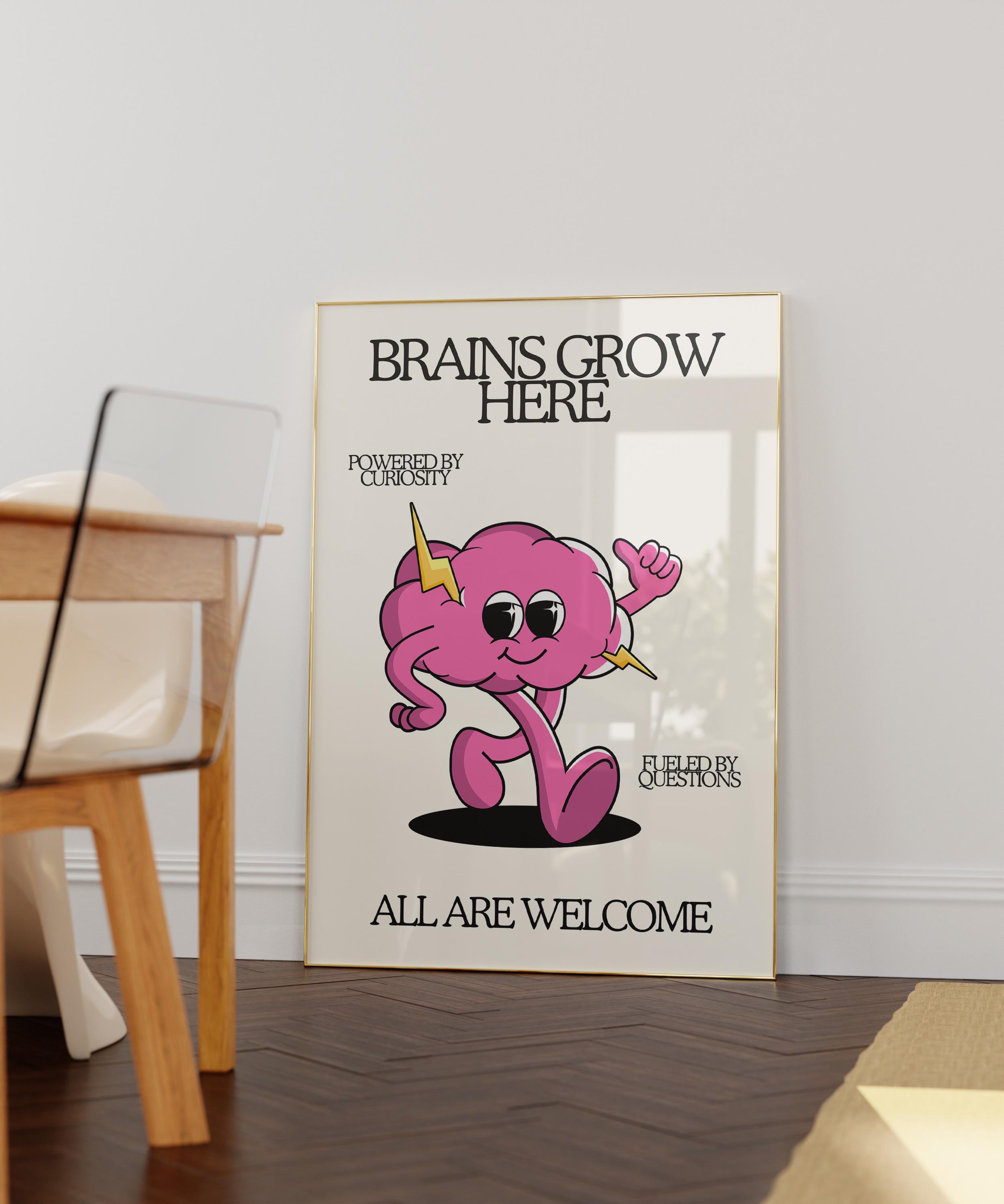 Brains Grow Here | Retro Character Classroom Art Print (digital ...