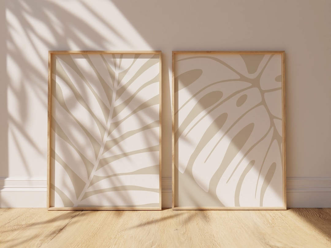 Abstract Wall Art Print Set of 2, Botanical Leaf Wall Art, White and ...