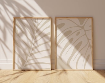 Abstract Wall Art Print Set of 2, Botanical Leaf Wall Art, White and Beige Art, Printable Modern Wall Art, Digital Download, Boho Leaf Print