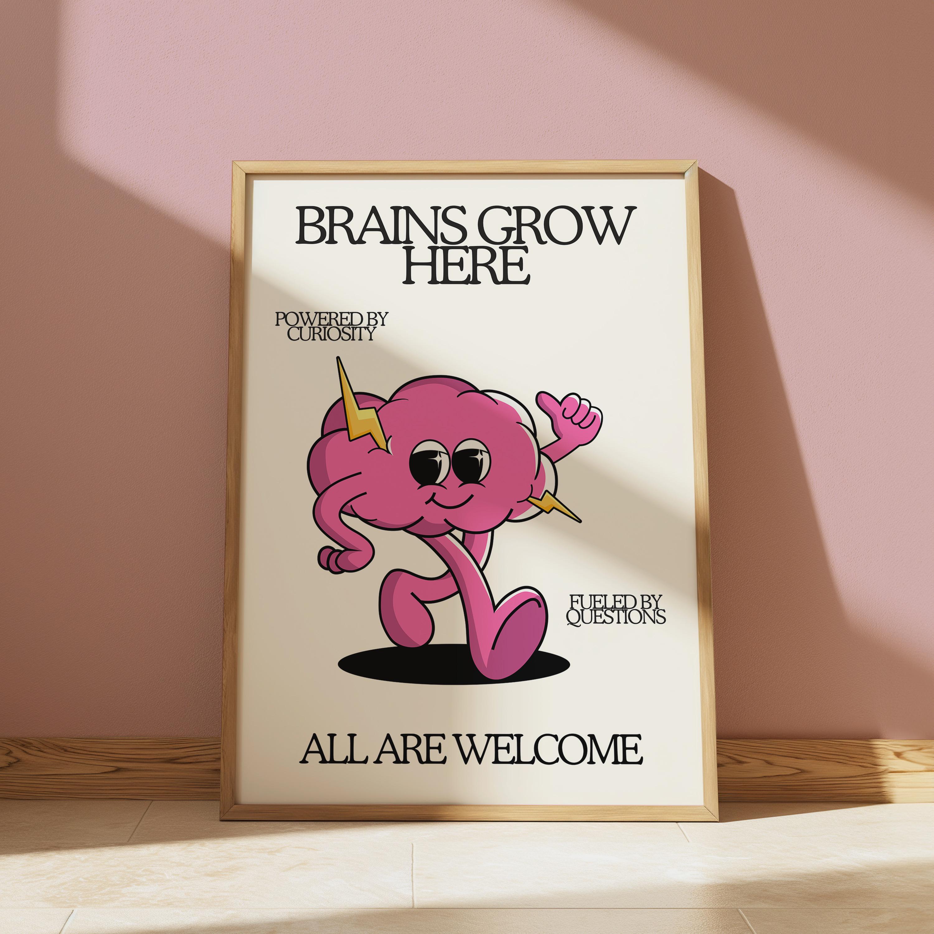 Brains Grow Here | Retro Character Classroom Art Print (digital ...