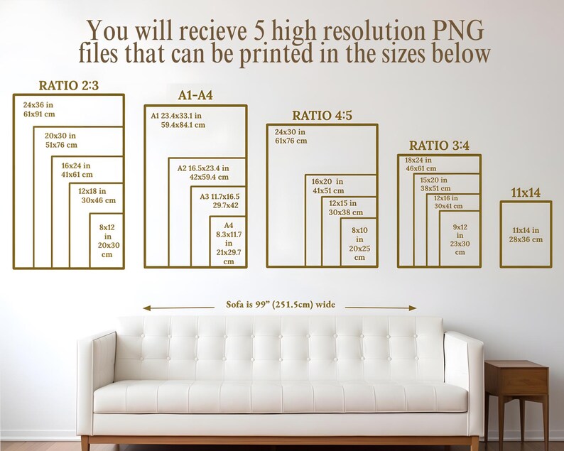 Puede incluir: Imagen que muestra tama&ntilde;os de impresi&oacute;n para arte mural, con proporciones 2:3, 4:5 y 3:4, y medidas en pulgadas y cm. El texto indica la disponibilidad de archivos PNG de alta resoluci&oacute;n. Un sof&aacute; blanco se encuentra debajo.