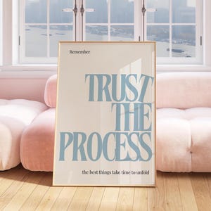 Pode incluir: Um poster emoldurado com as palavras "TRUST THE PROCESS" em azul claro, sobre um fundo creme. A frase "the best things take time to unfold" está na parte inferior, com a palavra "Remember" no topo.