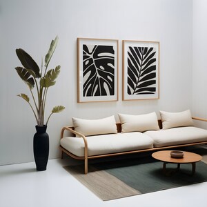 Abstract Wall Art Print Set of 2, Botanical Leaf Wall Art, Black ...