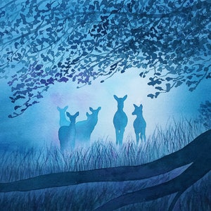 Cervi nella notte, acquerello originale / Deers in the night, original watercolor