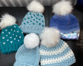 Chunky baby hats with faux pompom