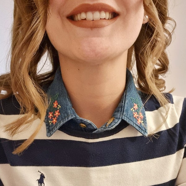 Col en denim pour femme, col détachable en fausse chemise avec motif floral brodé à la main