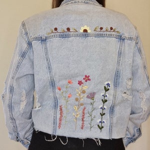 Hand Embroidered Cropped Denim Jacket With Flowers, Embellished Jeans Jacket, Floral Embroidery Back