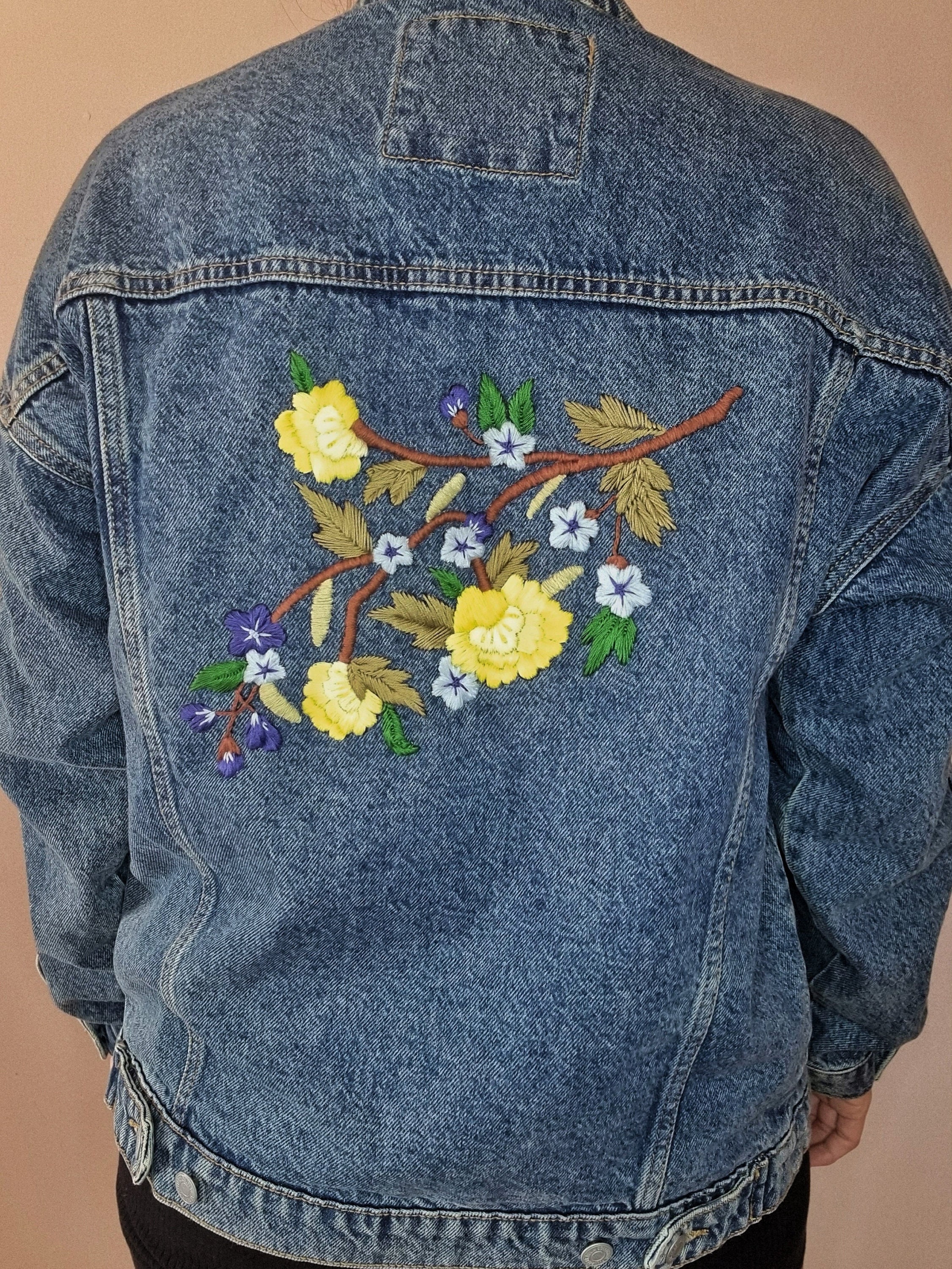 Floral Oversized Embroidery Denim Jacket for Women With Yellow and