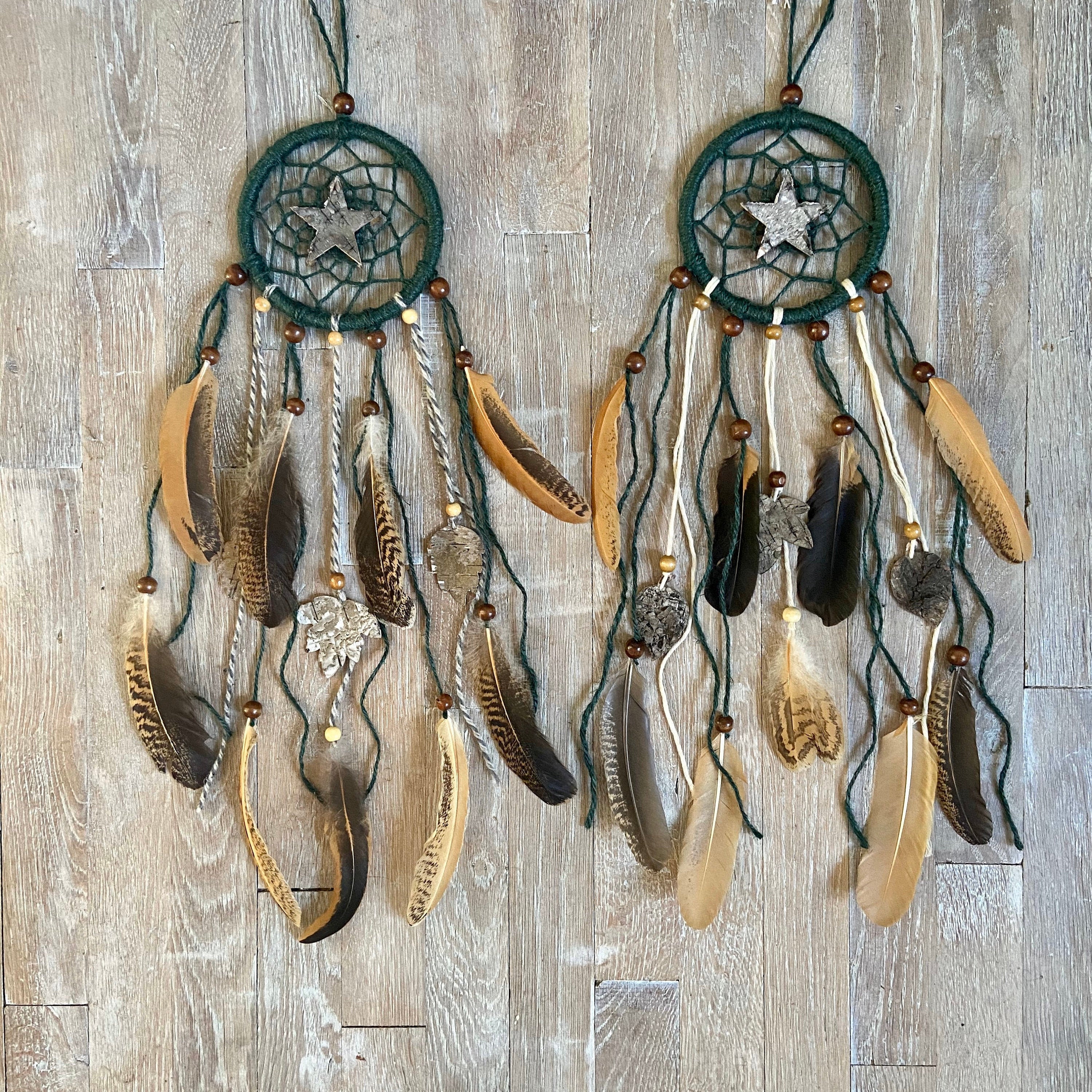 Woodland Spirit Dreamcatcher Attrape Reves Handmade 13 X 55 Centimetres Wooden Beads Bark Feathers W