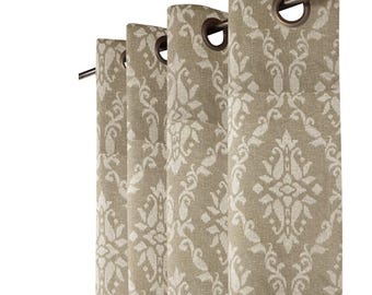 May include: Beige and white patterned curtains hanging from a metal rod. The curtains have a repeating floral design and metal grommets. The fabric is a neutral color, suitable for various interior design styles.