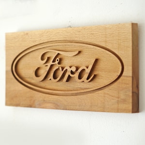 Wooden Ford emblem for garage decor, wooden Ford Logo, Wall decor for car fans, Cozy automotive design interior, Carved Ford sign