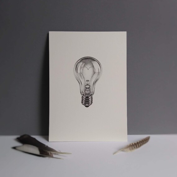 Light Bulb Love Light Heart Dotwork A4 Print Wall Etsy