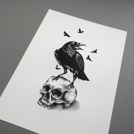Memento mori | Crow | Raven | Skull | Dotwork | Blackwork | A4 print | Wall  art