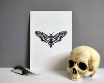 Moth | Death's-head hawkmoth | Acherontia atropos | Skull | Dotwork | A4 print | Insects | Wall art
