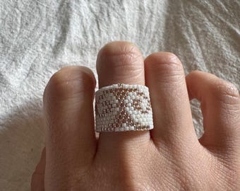 white beaded ring with rose kazakh traditional ornament