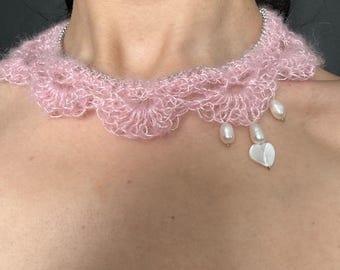 Rose Knitted-Chain Choker with Natural Pearl