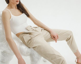 Beige cotton tapered trousers | Custom pants for women