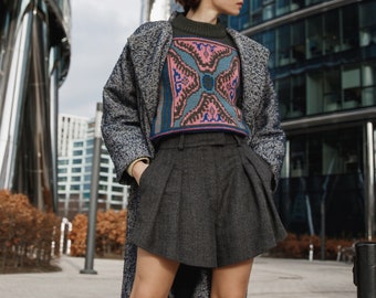 Hoch taillierte Woll Shorts: Grau Tweed Plissee Weites Bein