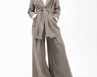 Custom Suit, Wool pants suit, Prom suit, Wide leg palazzo pants, Wool blazer, Engagement, Wedding Guest Suit