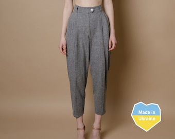 Bespoke Gray Wool Pleated Pants High Waist Tapered with Pockets