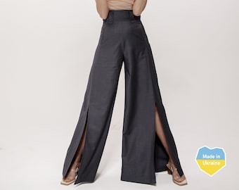 Wool Palazzo Pants: Women's Wide Leg Trousers with Slits
