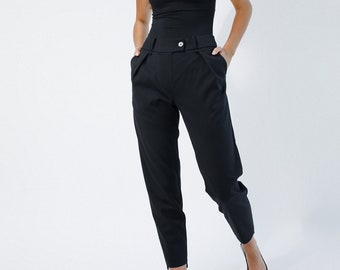 Black trousers woman, Pleated pants women, Cigarette wool pants, Baggy pants, Custom pants