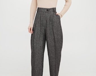 Wolle Herringbone Bundfaltenhose : Hoch taillierte Baggy Hose