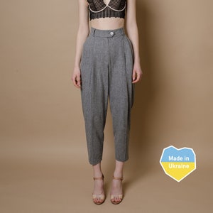 Gray Wool Pleated Pants High Waist Tapered with Pockets