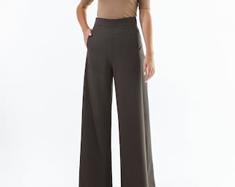 Brown wool palazzo pants/ Custom wide leg pants/ High waist pants/ Minimalist pants